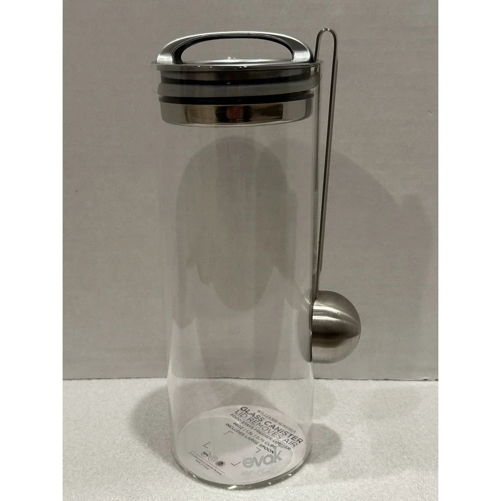Williams Sonoma Evac Glass Canister Cup w/ Lid Removes Air Large Spoon 46 oz Set